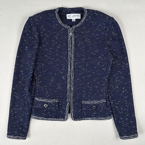 St John Collection Jacket Women’s 2 Navy Blue White Tweed Knit Braided Trim